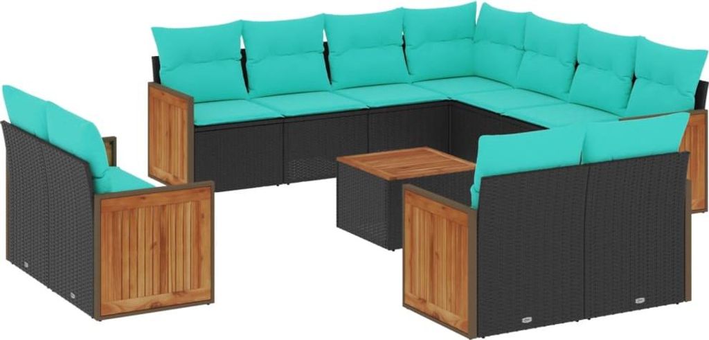 vidaXL 12-teiliges Gartensofa-Set mit Kissen, schwarzes Polyrattan
