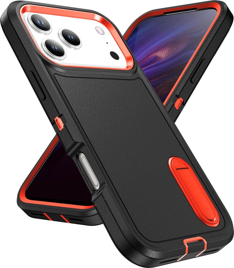 Hülle für iPhone 17 Pro Max Hybrid Dreilagige Robust Stoßfest Schwerlast Schutzhülle mit Ständer Schwarz Orange