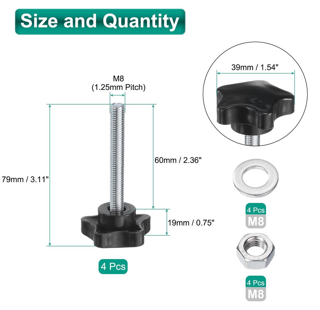4 Stš¹ck Sterngriffschraube M8 x 60mm mit Muttern Unterlegscheiben, Sterngriff R?ndelschraube Verzinkter Kohlenstoffstahl 39mm Sterngriffmutter K...