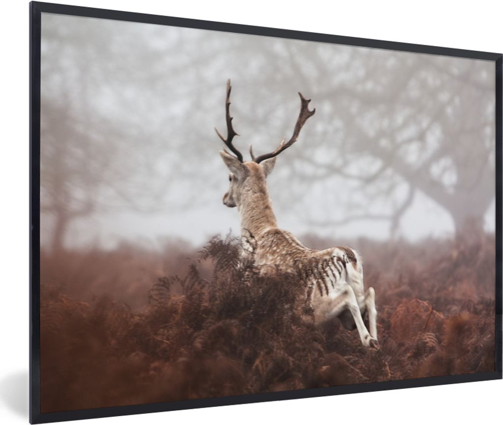 MuchoWow Gerahmtes Poster Rehe - Nebel - Pflanzen 60x40 cm - Poster mit Schwarzem Bilderrahmen Wandposter Rahmen Foto Bilder - Printing - Wanddek...