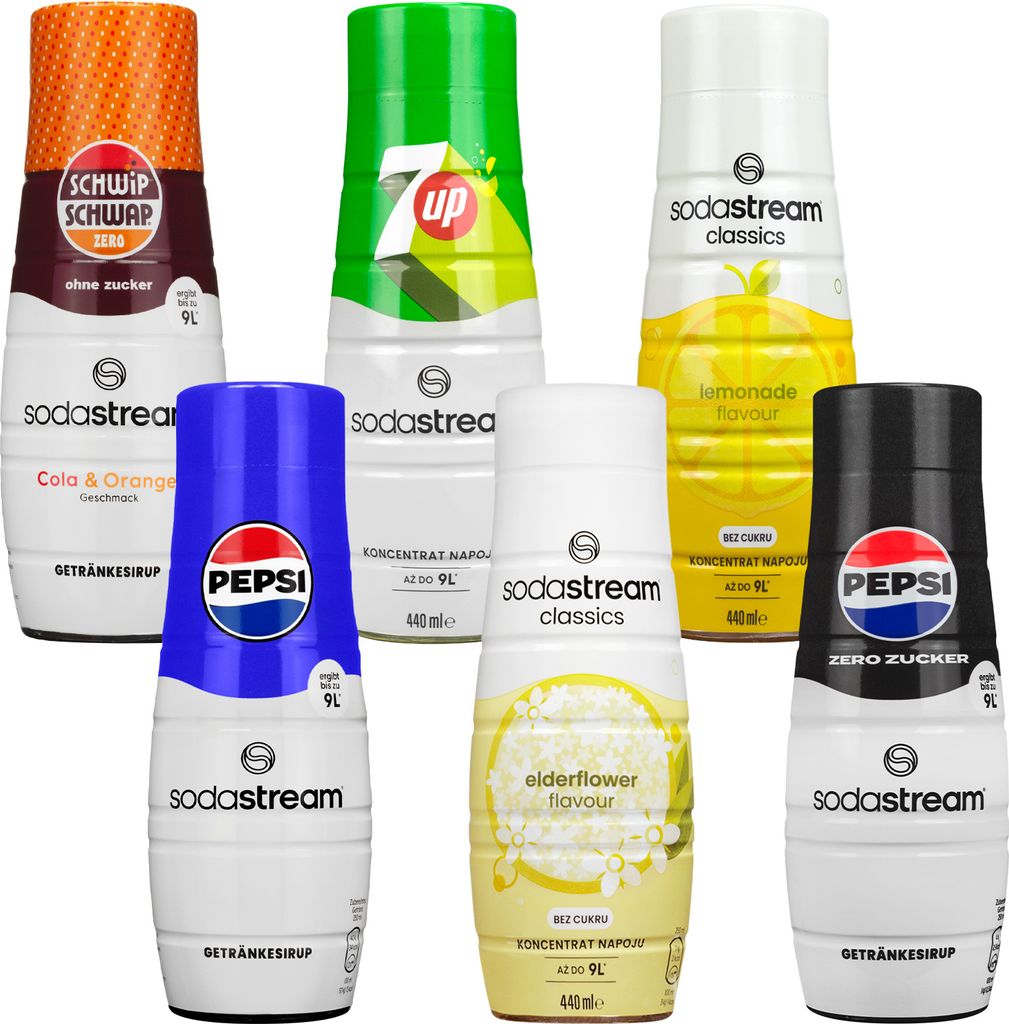 Sirup SodaStream Pepsi, Pepsi Max Sugar Free, 7UP, Schwip Schwap Sugar Free, Elderflower Zero, Lemon Zero, 6 Stück