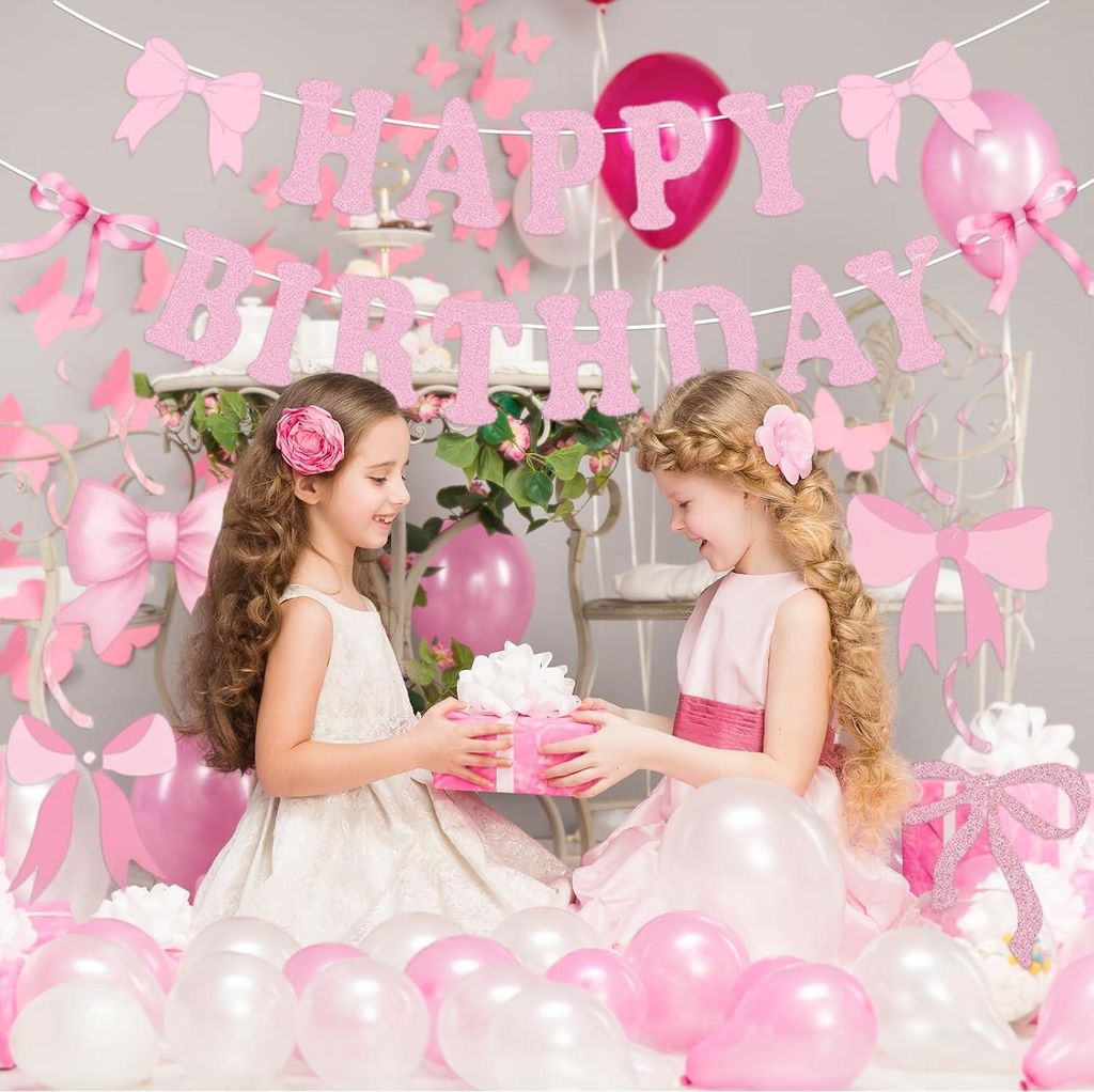 Geburtstagsdekoration mit rosa Schleife - Coquette Partyzubehör - Happy Birthday-Banner für Frauen