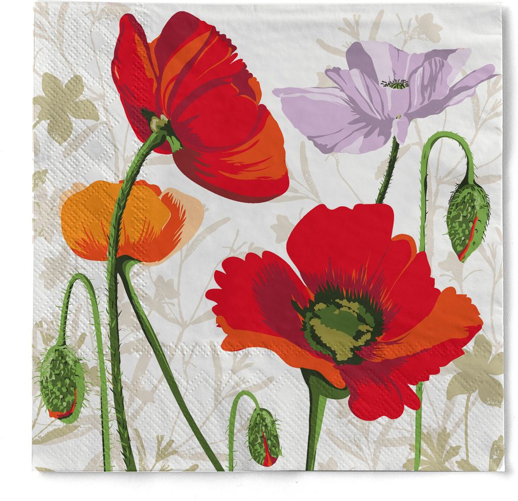 HAPPY PAPER Serviette "Dolce" (Blumen) aus Tissue 33 x 33 cm, 20 Stück - Floral Mohnblumen Klatschmohn