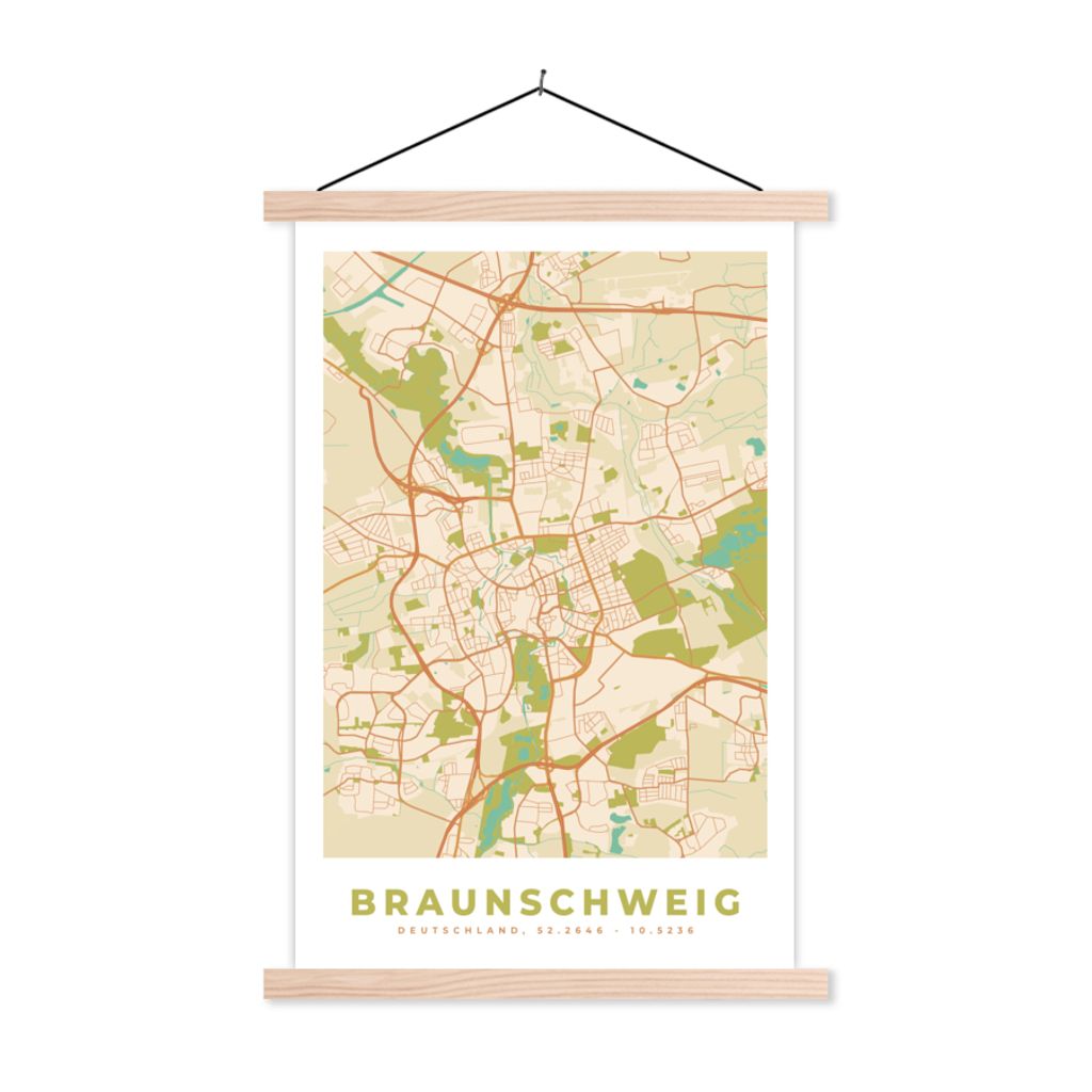 MuchoWow Textilposter Braunschweig - Karte - Vintage - Stadtplan 40x60 cm mit holzfarbenen Rahmen - Poster