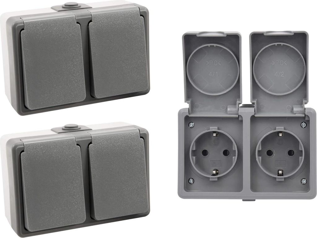 3er Set SECURE Feuchtraum Doppelsteckdose IP44 Aufputz Steckdose für Keller, Garage