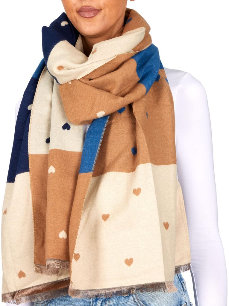 BRUBAKER Cashmirillo Damen Schal mit Herz Muster - 70 x 200 cm - Warm, Kuschelig & Oversized - Damenschal für Herbst & Winter, Blau, Braun & Beige
