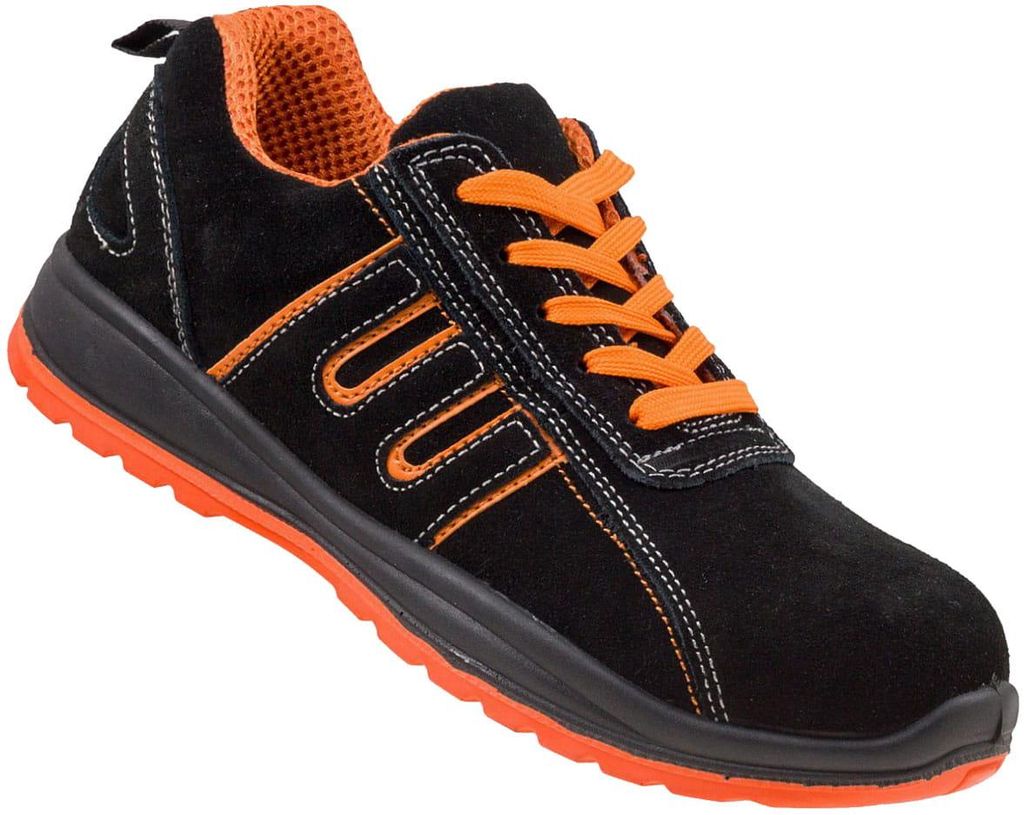A single black and orange work shoe is shown against a white background.