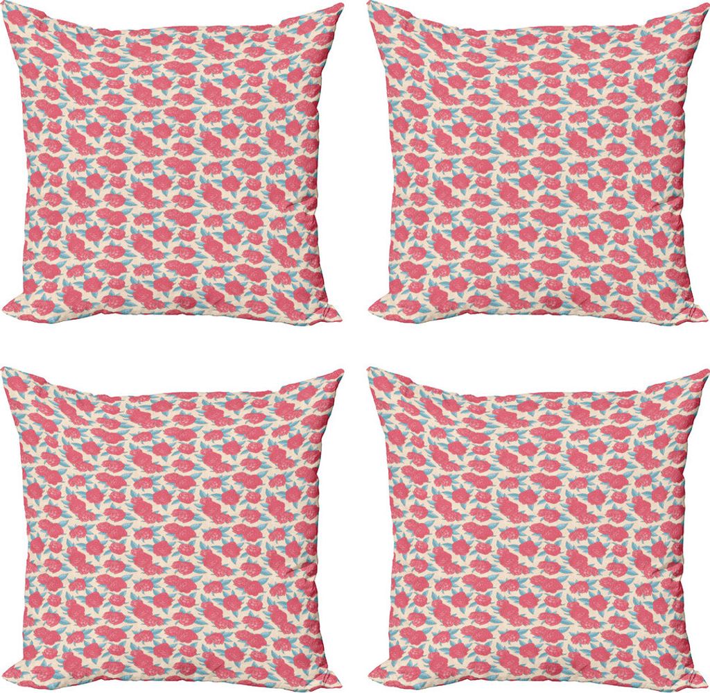ABAKUHAUS Romantisch Kissenbezug Set (4 Stück), Sanfte Rosen-Entwurf, Moderner Doppelseitiger Digitaldruck, 45 cm x 45 cm, Aqua Dunkel Coral Beige