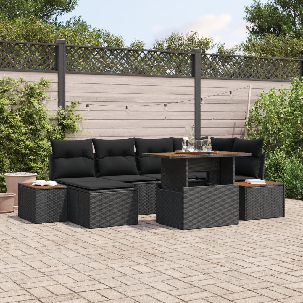 7-teiliges Garten Sofa Set mit Kissen Schwarz Poly Rattan, Design Gartensofas Neu