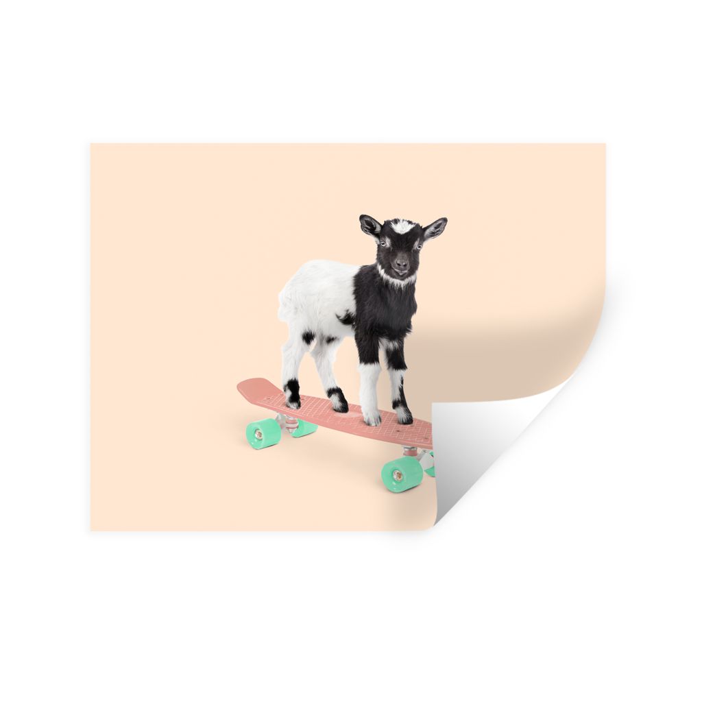 MuchoWow Wandtattoo Wandsticker Wandaufkleber Ziege - Schwarz - Skateboard - Weiß - Tiere 120x90 cm Selbstklebend und Repositionierbar - Aufkleber