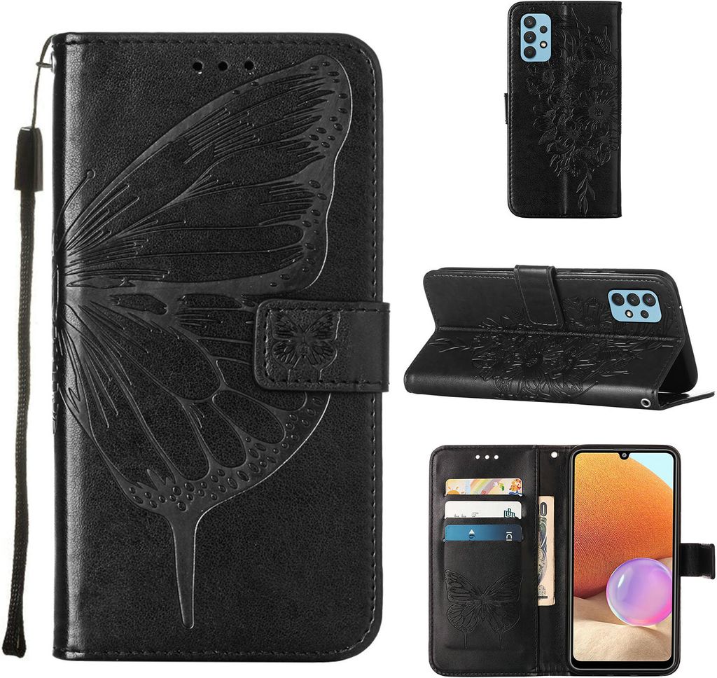 Galaxy A32 4G Hülle, Schmetterling Prägung Flip Leder Kartenfächer Schutzhülle Ledertasche mit Ständer für Samsung Galaxy A32 4G Schwarz
