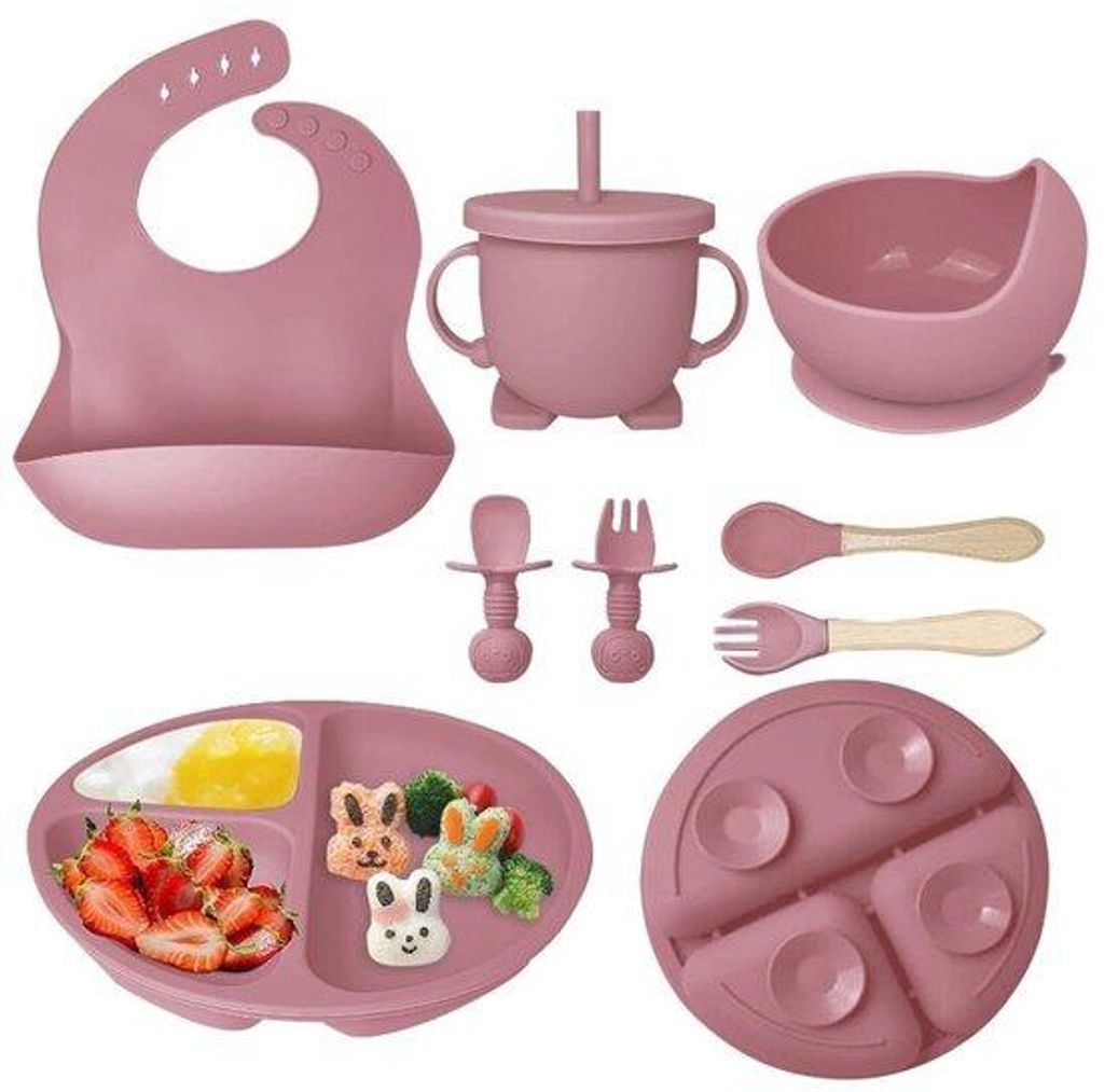 Silikon Babyvoedingsset mit Gummilepel, Bürstenlöffel und Trinkbecher, rosa