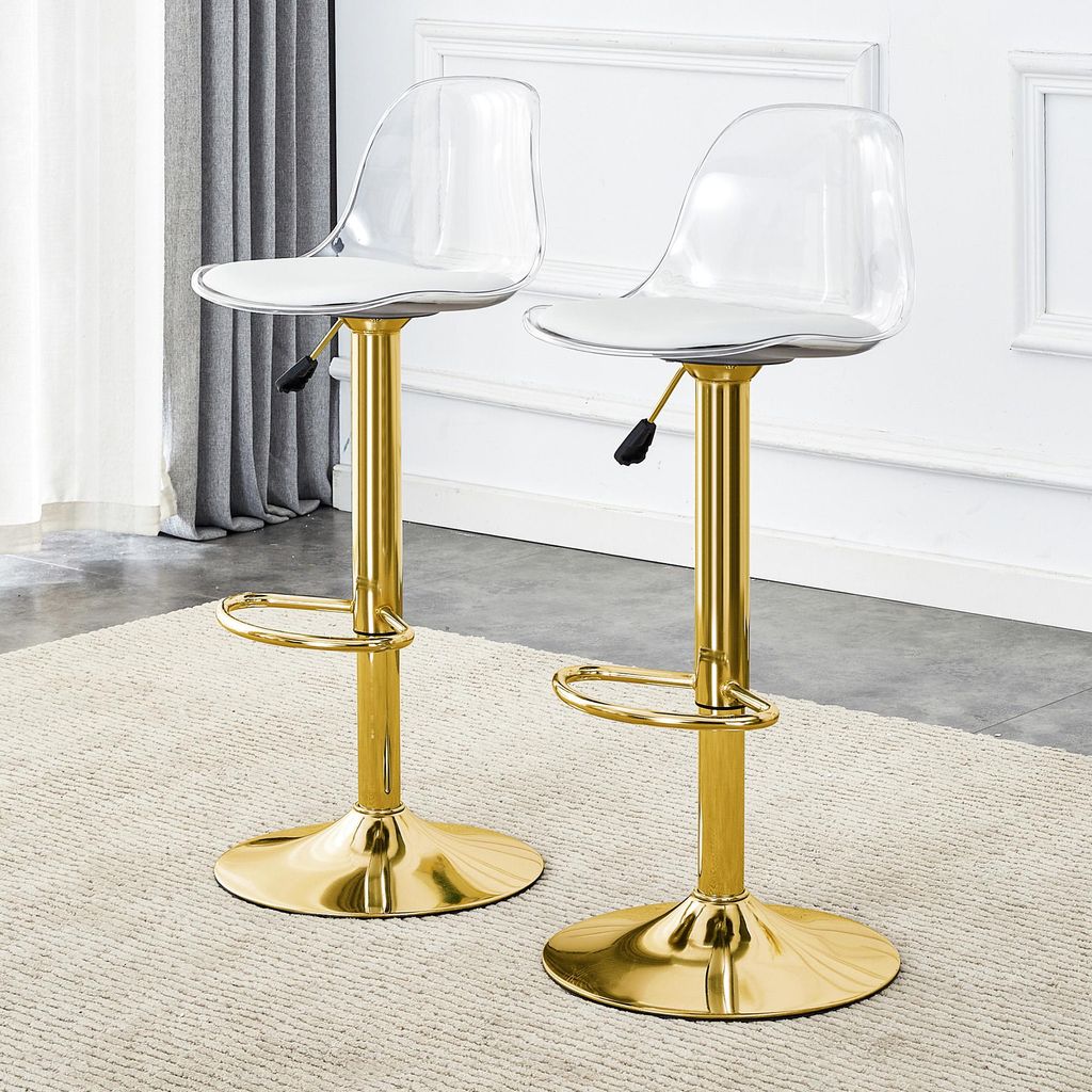 MODFU 2er-Set Barhocker mit Höhenverstellbar von 82-104 cm,Drehstuhl mit 360° drehbar, Esszimmerstuhl mit Transparente Rückenlehne und Goldfarbe...