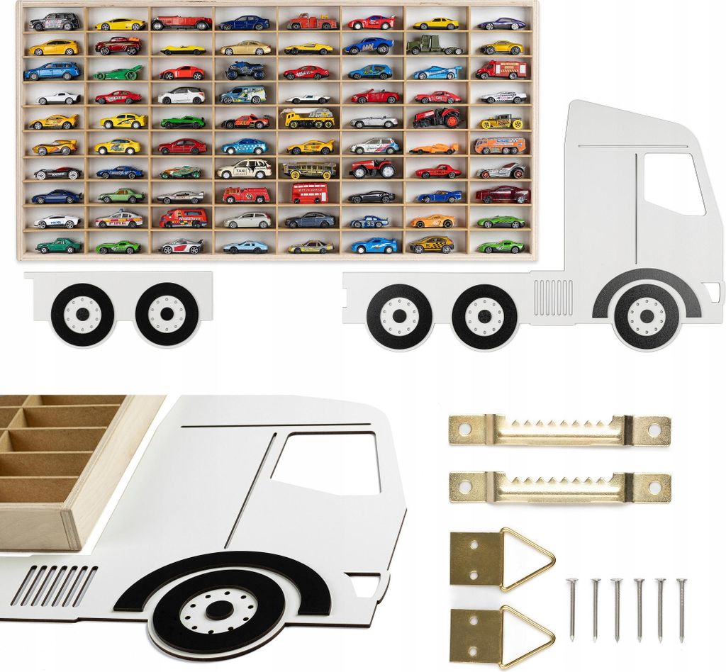 LKW-Regal für Federn - 80 Fächer, aus Holz, mit angebrachten Hot Wheels-Rädern