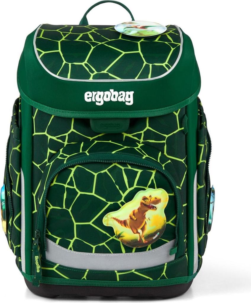 A green backpack with a dinosaur design and the brand name 'ergobag' visible.