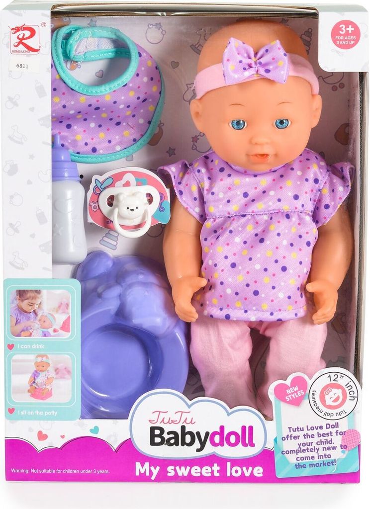 Moni Kinderpuppe 31 cm Töpfchen, Schnuller, Trinkflasche, Lätzchen, Kleidung lila