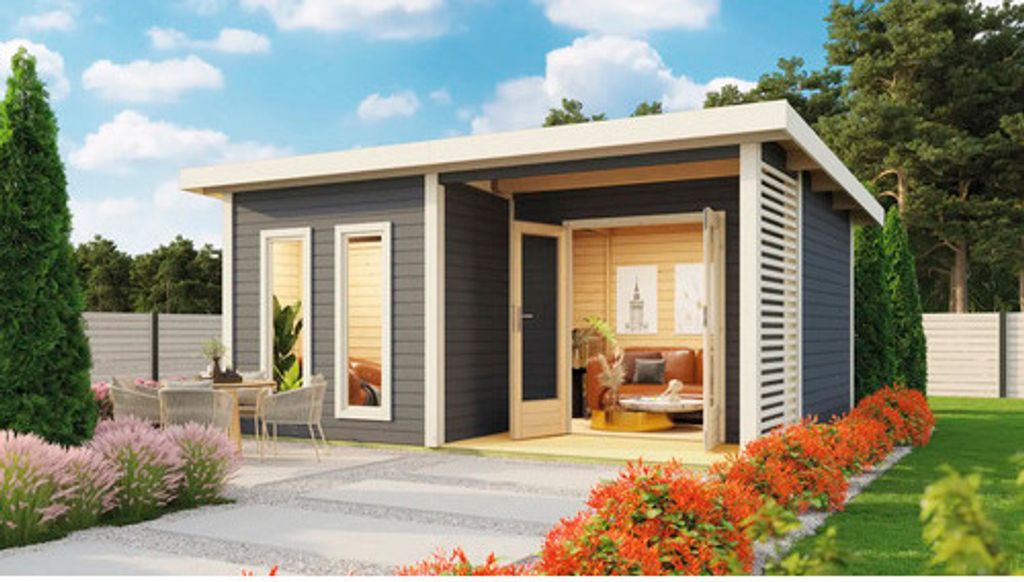 Saunahaus Karibu Sainburga 5 Set B inkl. 9 kW Ofen u.ext. Steuerung mit Vorraum, Fenster und Holztüre mit Klarglas t