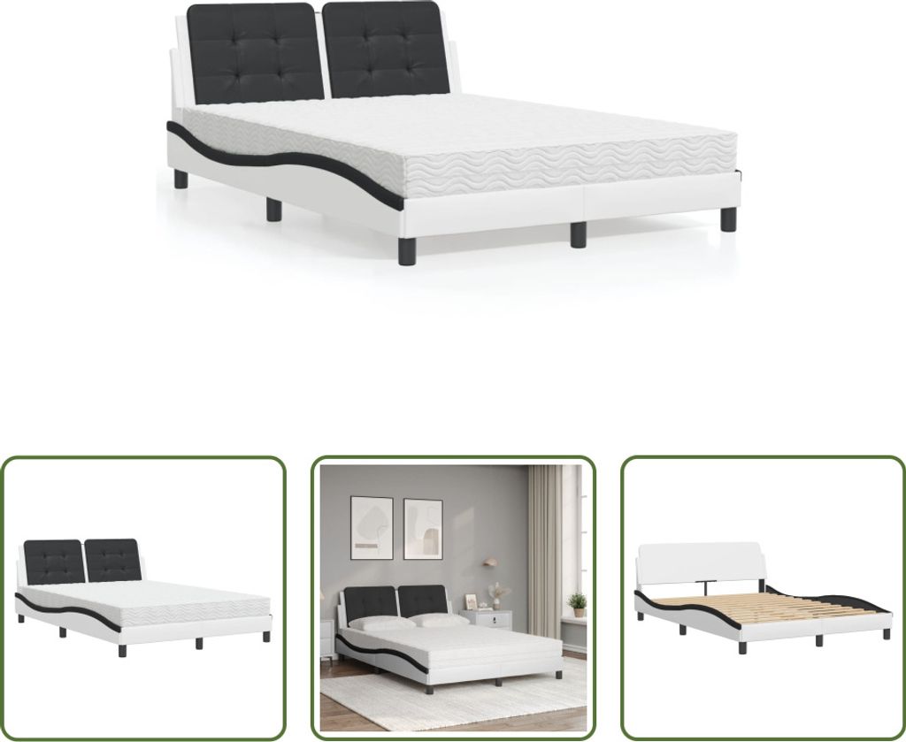 The Living Store Bett mit Matratze Weiß und Schwarz 140x200 cm Kunstleder