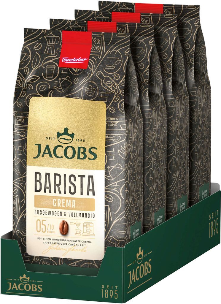 JACOBS Kaffeebohnen Barista Editions Crema 4 x 1 kg ganze Kaffee Bohnen geröstet