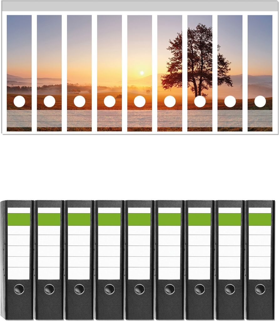 Wallario 9 Stück breite Ordner inkl. Klebeetiketten mit Motive Sonnenaufgang über der Wiese mit Nebel - Set mit Rückenschildern / Ordnerrücken...