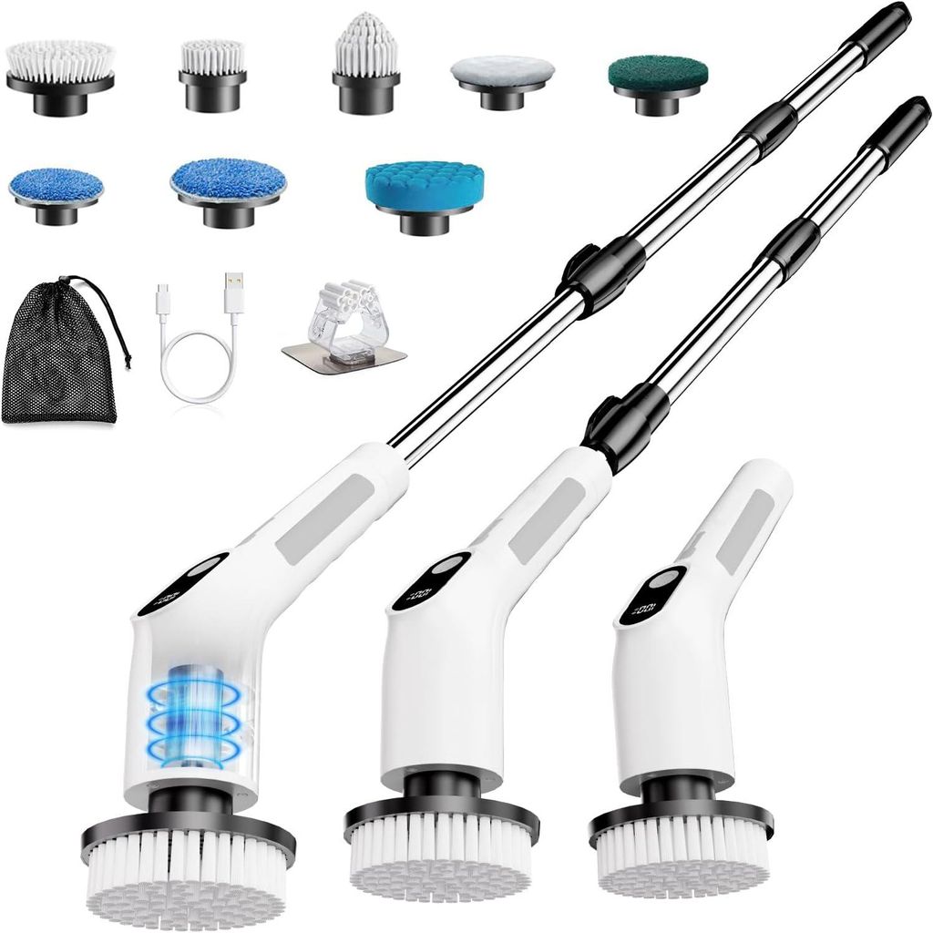 Elektrische Reinigungsbürste, Kabellos Reinigungsbürsten mit 8 Wechselbürsten – Verstellbarer Griff, IPX6 für Bad, Küche, Fliesen, Auto (Weiß)