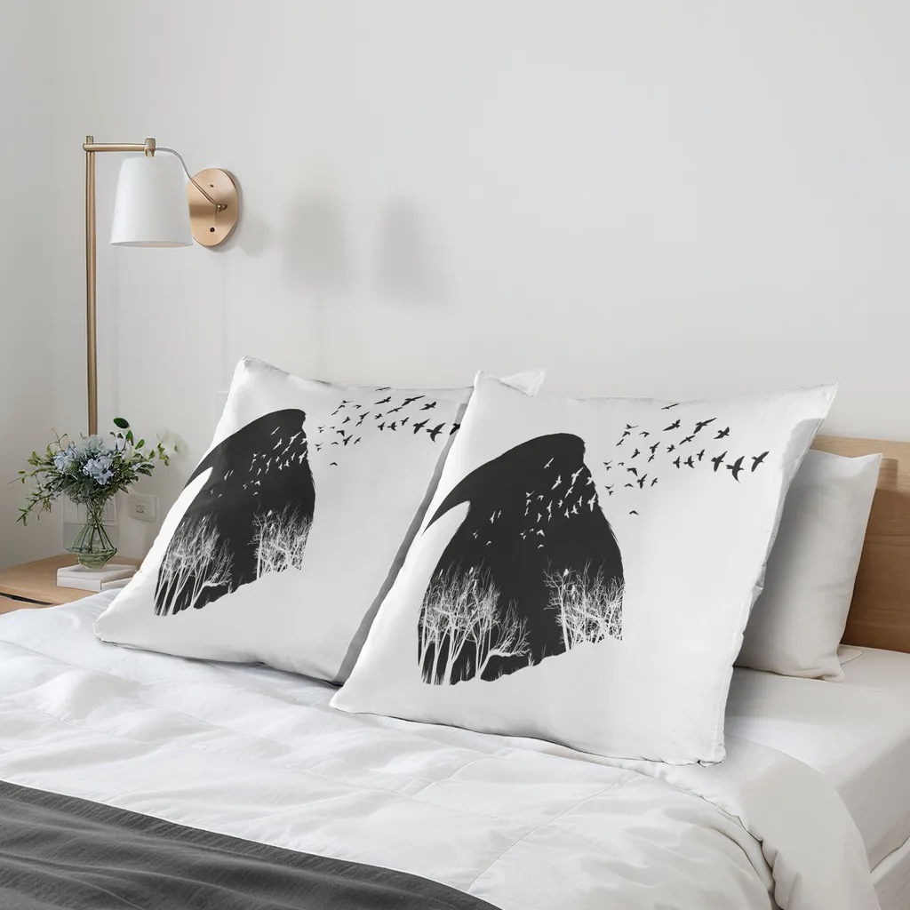 ABAKUHAUS Fodera per cuscino Corvo nero Confezione da 2, Effetto doppia esposizione Silhouette Ritratto Uccello e Alberi spogli che volano, Fodera per cuscino decorativa stampata, 80x80 cm, Grigio antracite Bianco