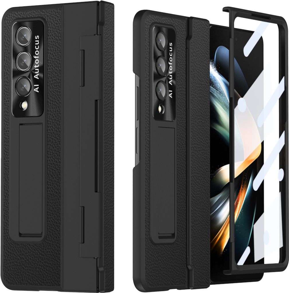 Galaxy Z Fold3 Hülle, Displayschutz & Objektivschutz Litschi Ständer Schutzhülle für Samsung Galaxy Z Fold 3 5G Schwarz