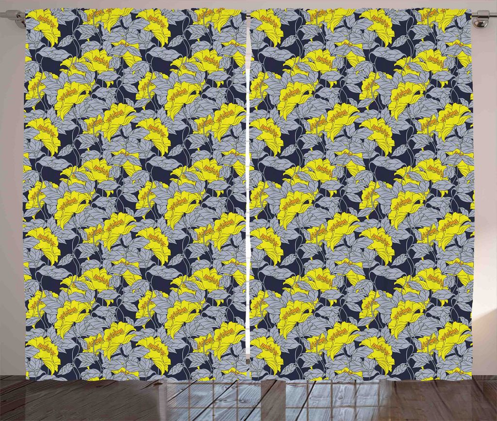 ABAKUHAUS Blumen Rustikaler Vorhang, Kontrast Töne Röschen, Wohnzimmer Universalband Gardinen mit Schlaufen und Haken, 280 x 175 cm, Gelb und Grau