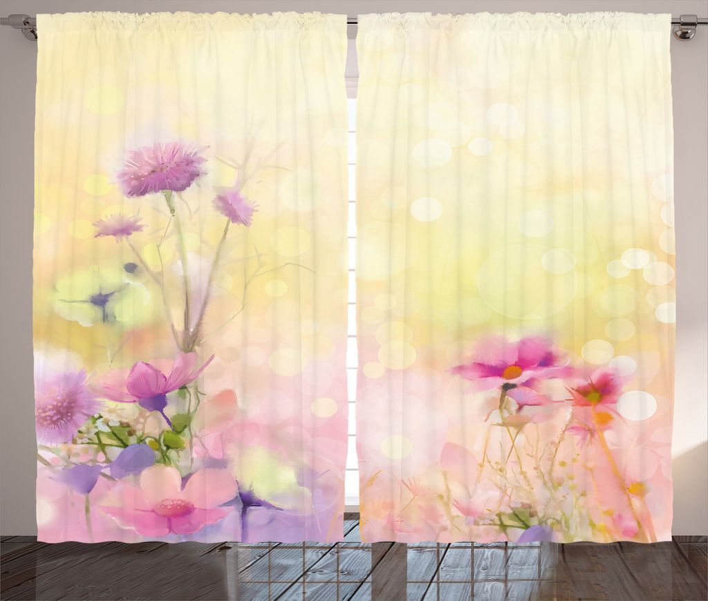 ABAKUHAUS Rosa Rustikaler Vorhang, Vintage Magnolienblüten, Wohnzimmer Universalband Gardinen mit Schlaufen und Haken, 280 x 225 cm, Hellgelb Rosa