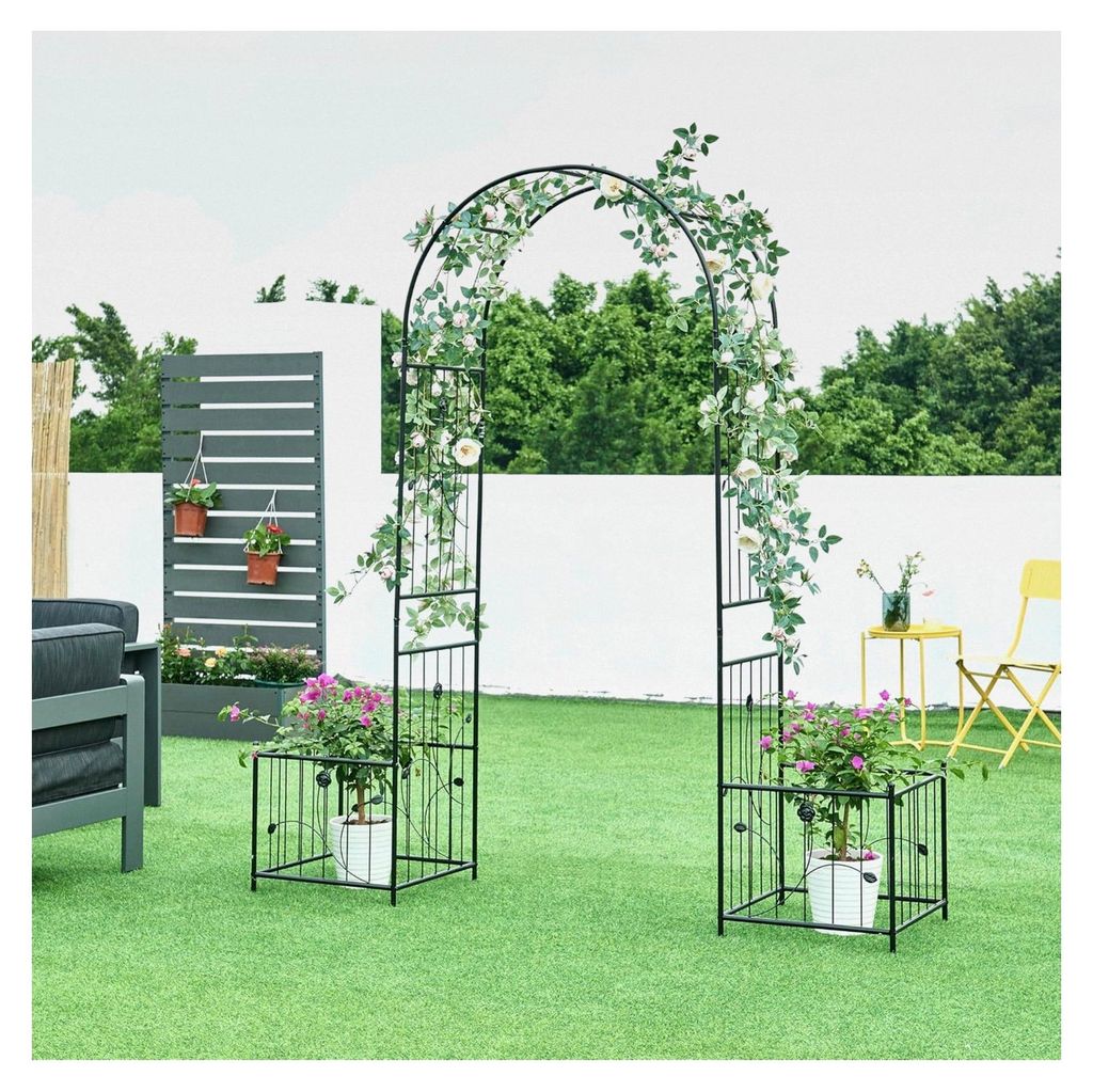 Rosenbogen Barisciano mit 2 Pflanzkästen, Gartenbogen aus Metall, Schwarz, 220 x 202 x 50 cm, Spalier mit Blumenkübel