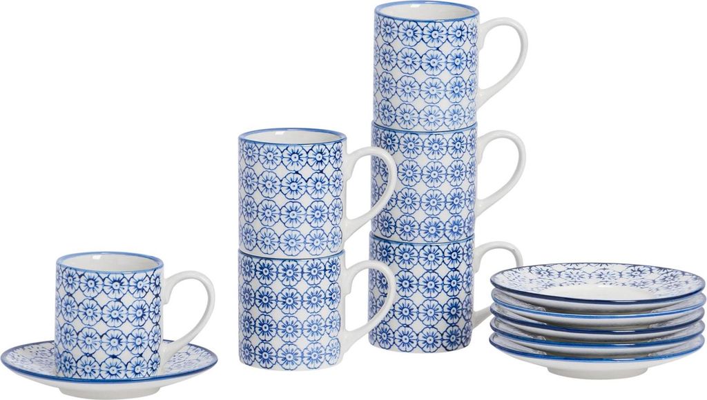 Nicola Spring 12-teiliges handbedrucktes Espressotassen- und Untertassen-Set – 65 ml – Marineblau
