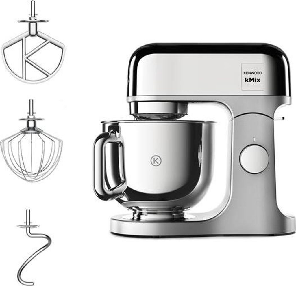 A Kenwood kitchen mixer with its attachments displayed separately.