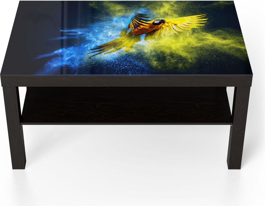 DEQORI Couchtisch 90x55 cm Schwarz 'Papagei in Farbwolke' Glas Beistelltisch