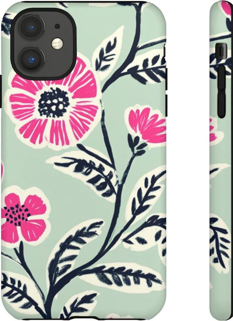 Leuchtendes Blumenmuster in Pink auf mintgrünem Hintergrund – Hülle Kompatibel mit iPhone 11