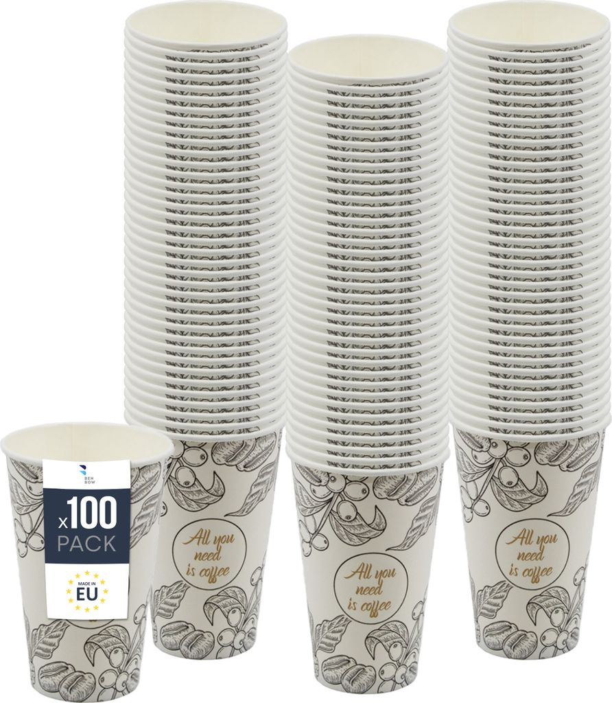 BenBow Kaffeebecher 400 ml x 100, Pappbecher zum Mitnehmen, Einwegbecher für Unterwegs, All You Need Is Coffee, Kaffee Becher für Büro und Kaffe...