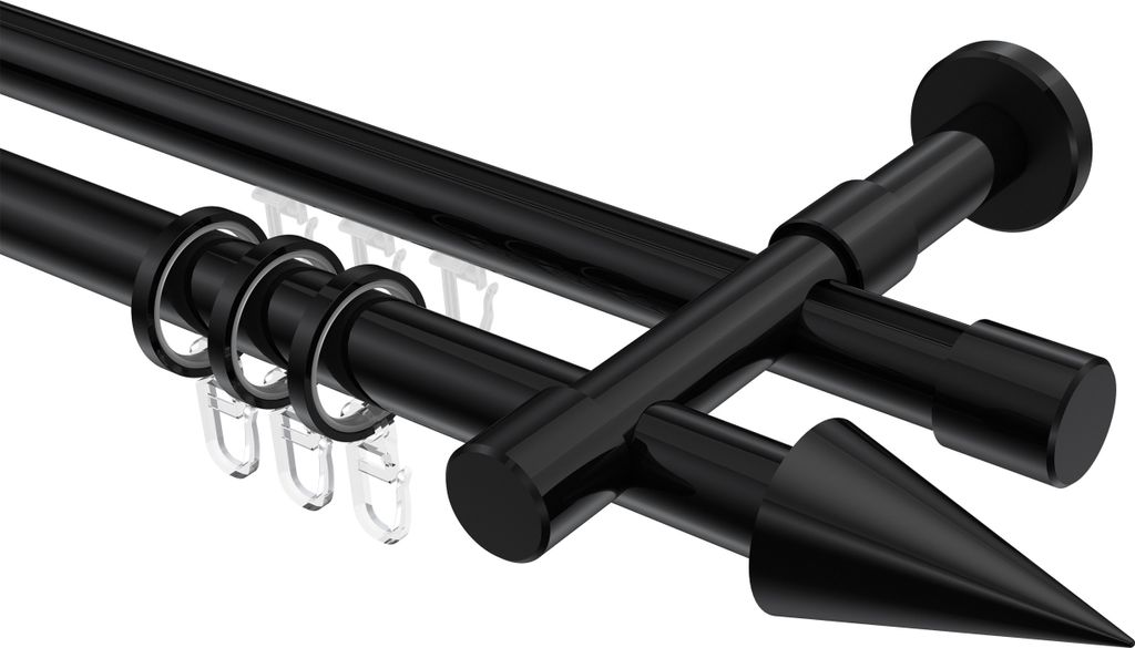 Interdeco Rundrohr-Innenlaufstange / Gardinenstange (Kombination) Schwarz, Typ Prestige Savio (Kegel), 20 mm Ø 2-läufig, 160 cm