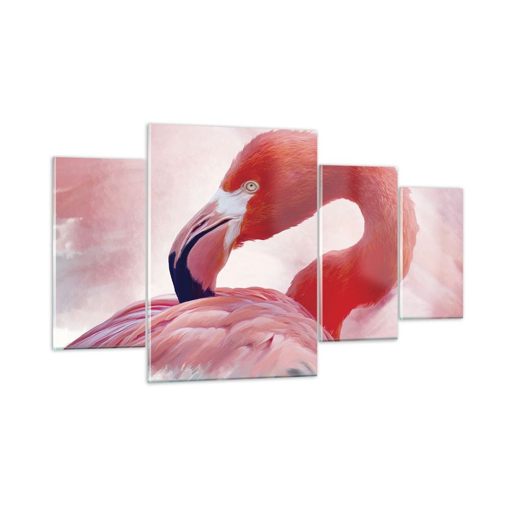 Bilder auf glas - 4 Teile - Flamingo Vogel Porträt - 160x90cm - Glasbilder - Wandbilder - Bilder - zum Aufhängen bereit - Wanddekoration aus Glas...