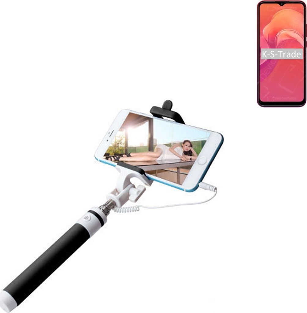 K-S-Trade Selfie Stick kompatibel mit Doogee X96 Selfiestick kabelgebunden Monopod mit Kabel Stab Stange Selfportrait Handheldstick schwarz 1x