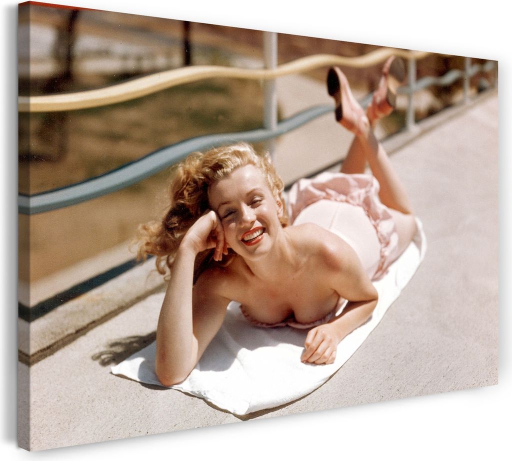 Leinwandbild (120x80cm): Marilyn Monroe liegend Farbe farbig sexy rosa Kleid Handtuch, echter Holz-Keilrahmen inkl. Aufhänger, handgefertigt in De...