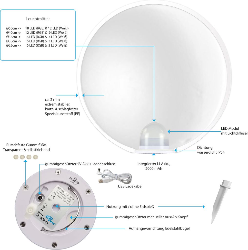 Ø25cm LED Leuchtkugel für Innen & Außen 16 verschiedene Produktbild 3