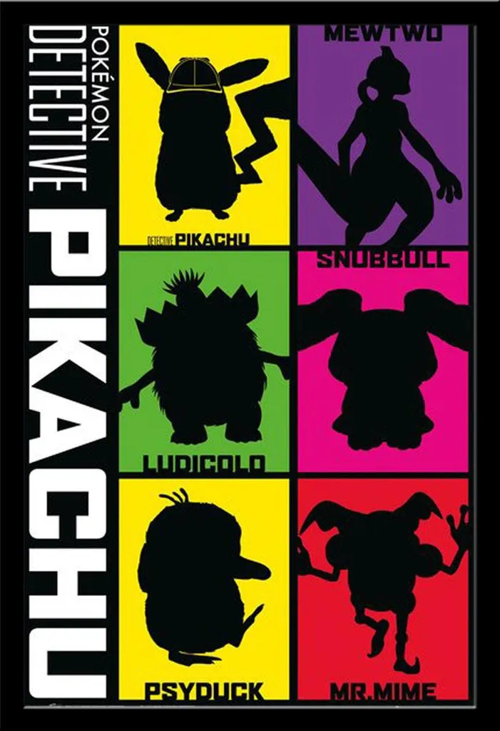 Poster Détective Pikachu Silhouette avec Cadre Maxi MDF Noir Shinsuke