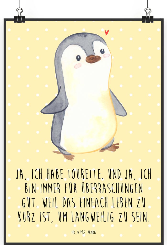 Mr. & Mrs. Panda Bild Pinguin Tourette DIN A1 - Gelb Pastell - Geschenk, Wandbild, Tics, wanddeko, Syndrom, kunstdruck poster, drucke, Ticstörung,...
