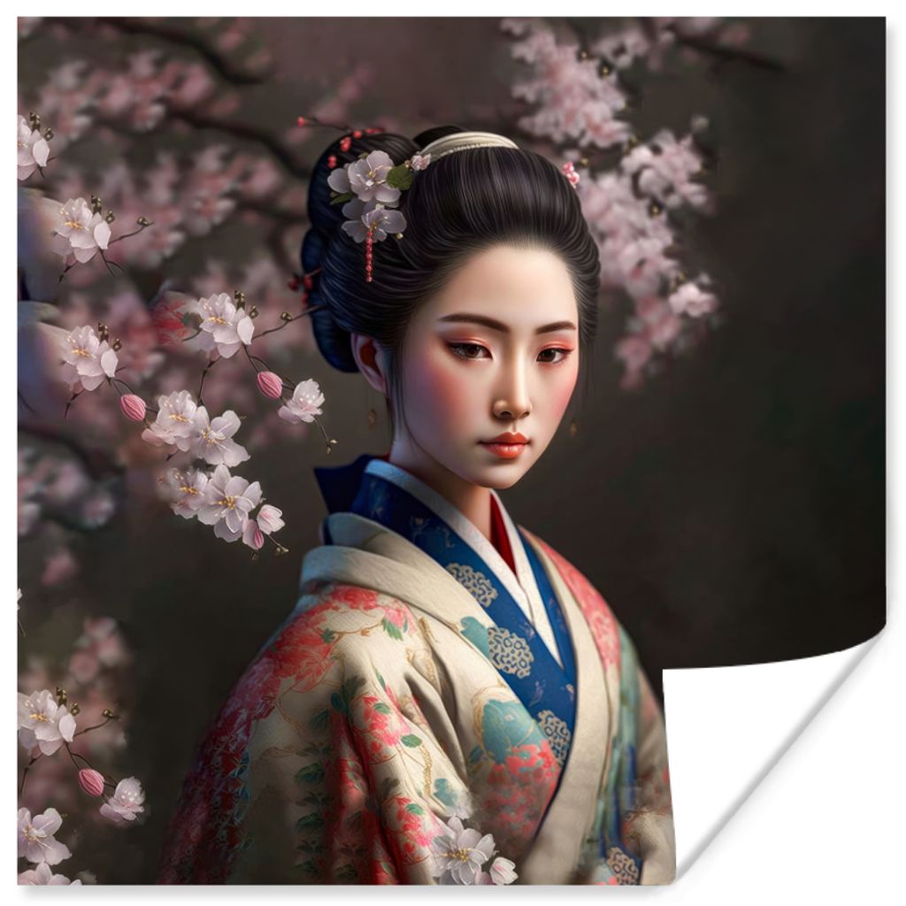 MuchoWow Poster Frau - Sakura - Kimono - Asiatisch - Porträt 100x100 cm - Babyzimmer