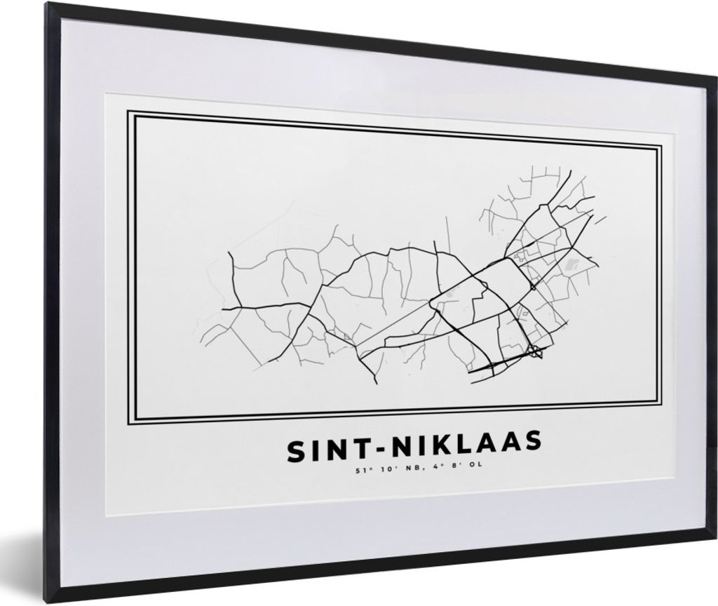 MuchoWow Gerahmtes Poster Stadtplan - Schwarz und weiß - Karte - Sint Niklaas - Belgien - Karte 60x40 cm - Poster mit Schwarzem Bilderrahmen Wan...