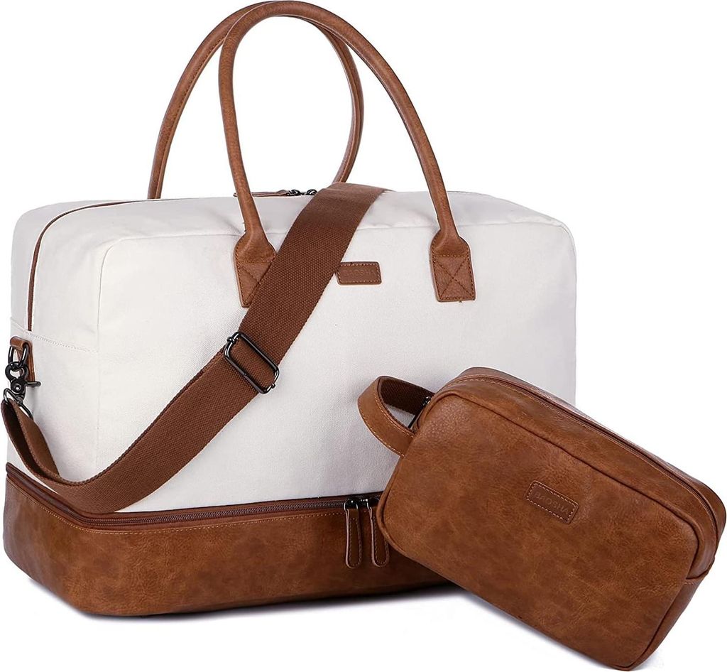 Canvas Reisetasche für Damen - Wochenendtasche Duffel mit Schuhfach und Kulturtasche - Weiß/Beige Vintage