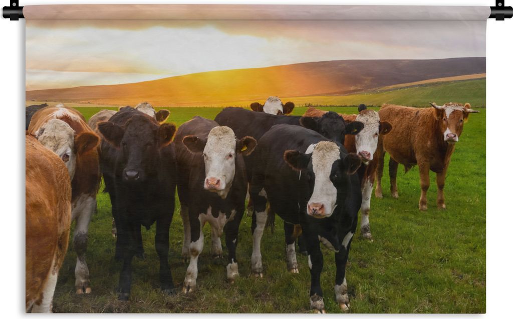 MuchoWow Wandteppich Wandbehang Kühe - Hügel - Sonnenuntergang - Gras - Grün 60x40 cm Tapisserie Dekoration Wandtuch - Wanddekorationen