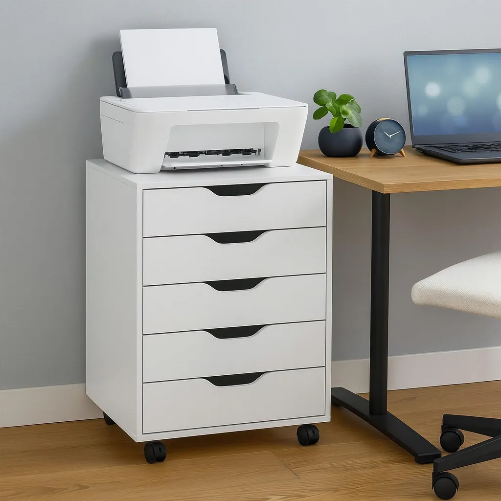 Classeur mobile à 5 tiroirs sur roulettes - Meuble de bureau Blanc M5