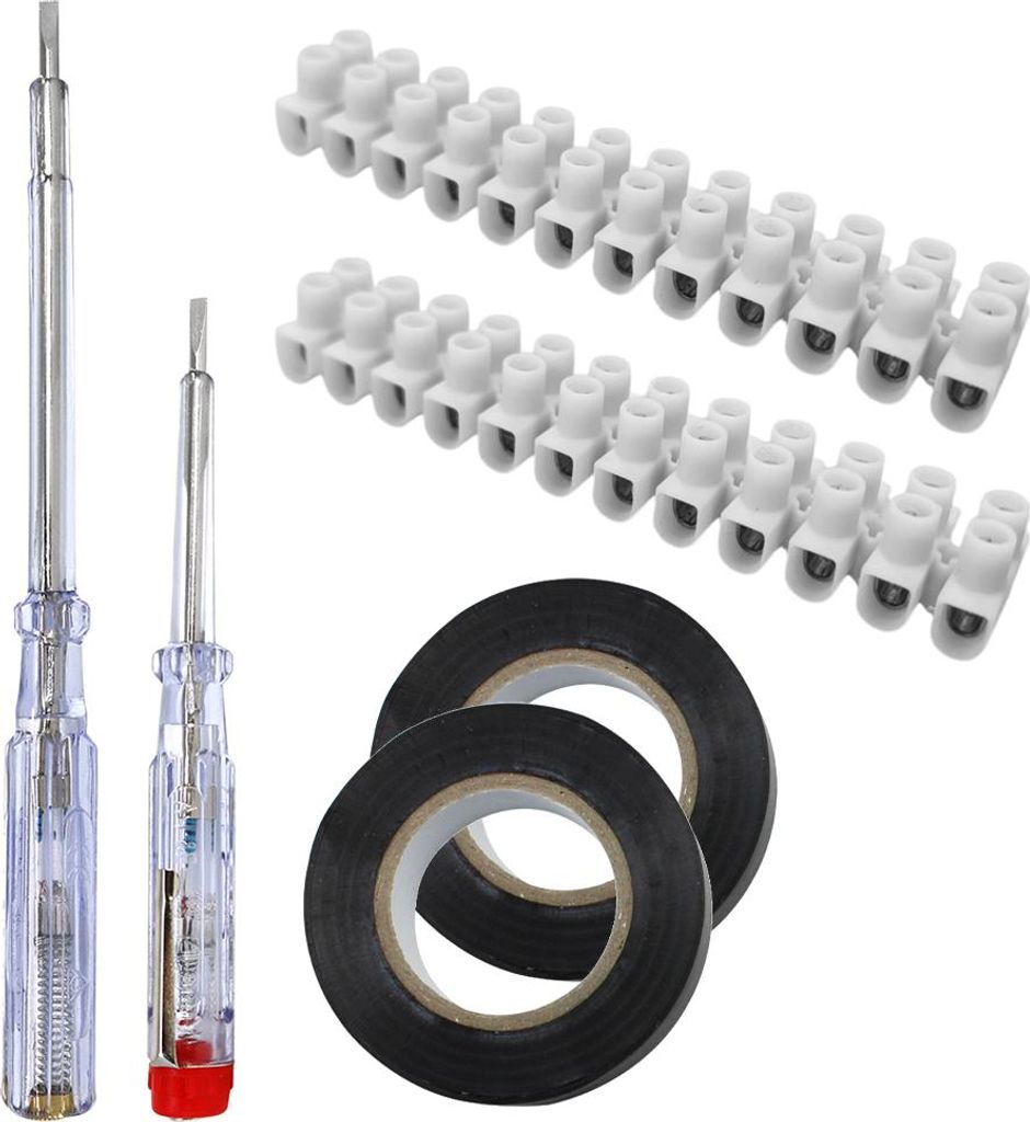 com-four 6-teiliges VDE Spannungsprüfer Set 110-250V mit Isolierband und 12-polige Lüsterklemme für Haushaltsinstallationen, Kabelsätze & Ele...