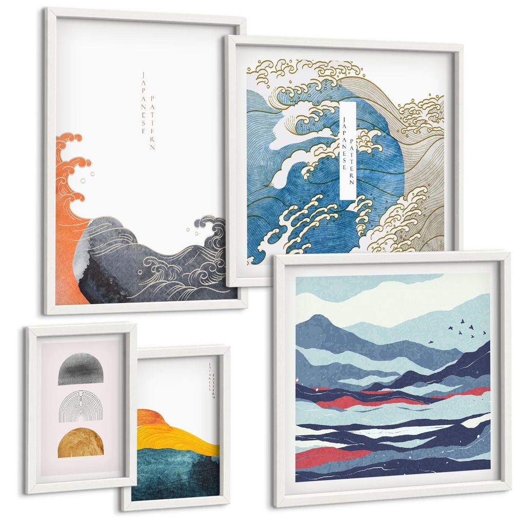 Bilder Set 5-teilig im Goldrahmen Rahmen – Wandbilder 5 Stück – gerahmte Poster für Wohnzimmer, Schlafzimmer und Flur – 50x50 cm - 40x60 cm...
