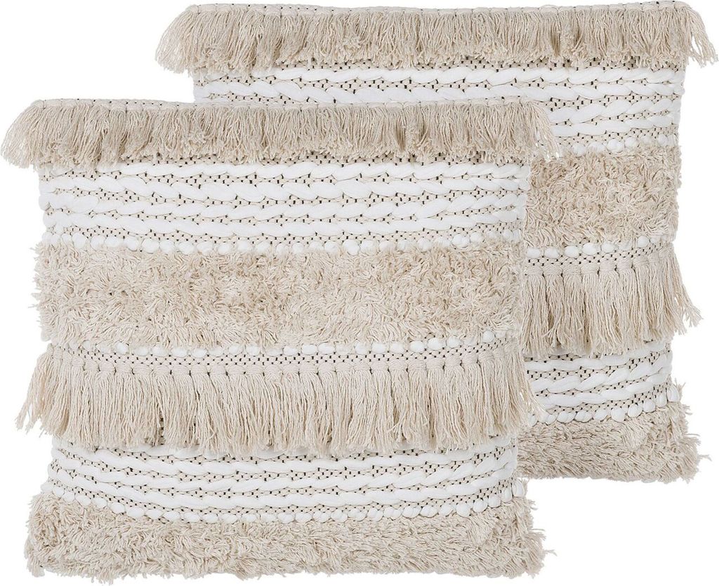 BELIANI Dekokissen 2er Set Beige Baumwolle 45 x 45 cm Mit Fransen Boho-Stil Elegante Optik Wohnzimmer Salon Schlafzimmer